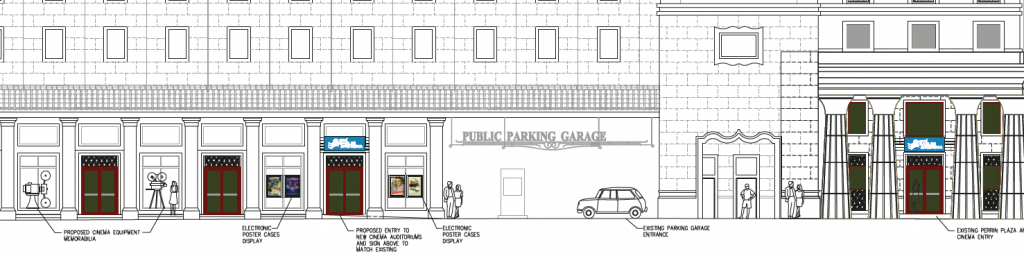 A rendered view of the new location and a drawing of the building featuring the cinema's current space (right) and the expansion (left).