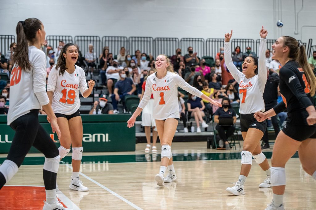 Miami players celebrate after securing a point during the fourth set in Miami’s 3-1 victory over Florida State on Wednesday, Oct. 6 at the Knight Complex in Coral Gables Florida