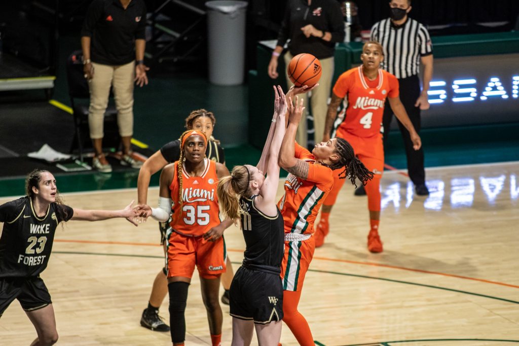 Redshirt junior Destiny Harden takes a shot near the free throw line in Miami's win over Wake Forest on Feb. 25 2021 a the Watsco Center in Coral Gables.