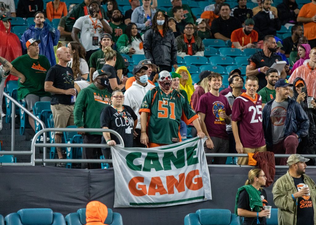 Canes fans watch on during the first quarter of Miami’s game versus Virginia Tech at Hard Rock Stadium on Nov. 20, 2021.