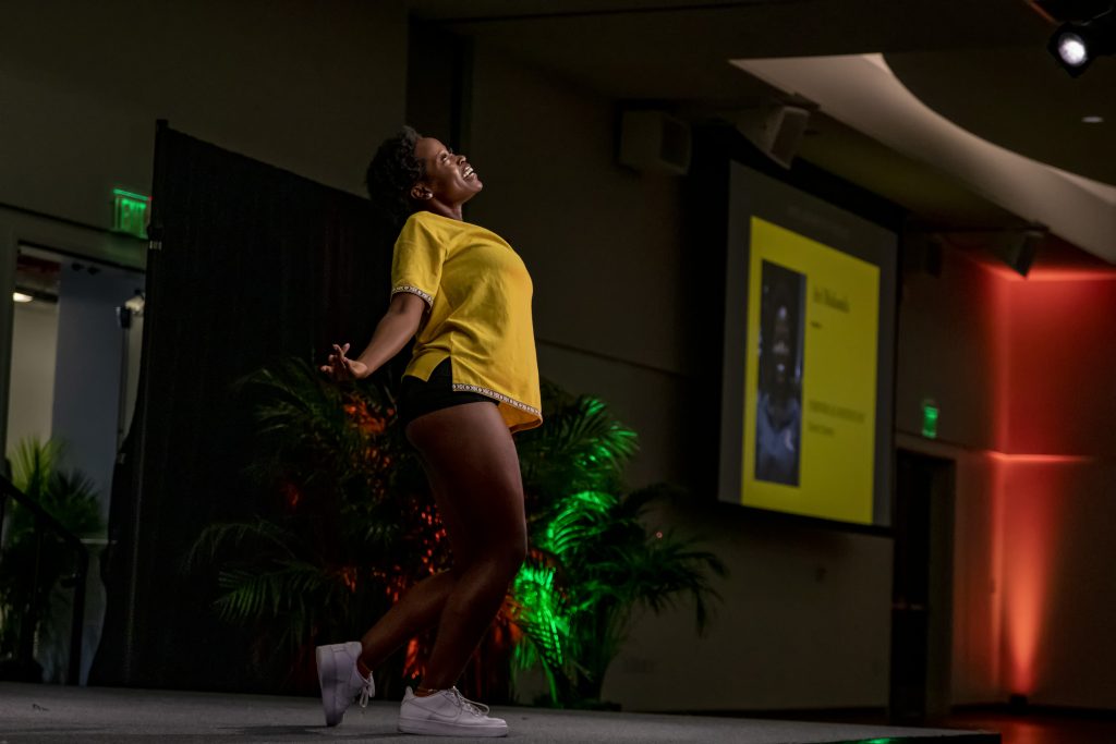 Senior Ari Mubanda dances during the talent portion of the 2021 Homecoming Pageant at the Shalala Student Center on Nov. 1st. Mubanda is apart of Kaos, a hip-hop dance team on campus.