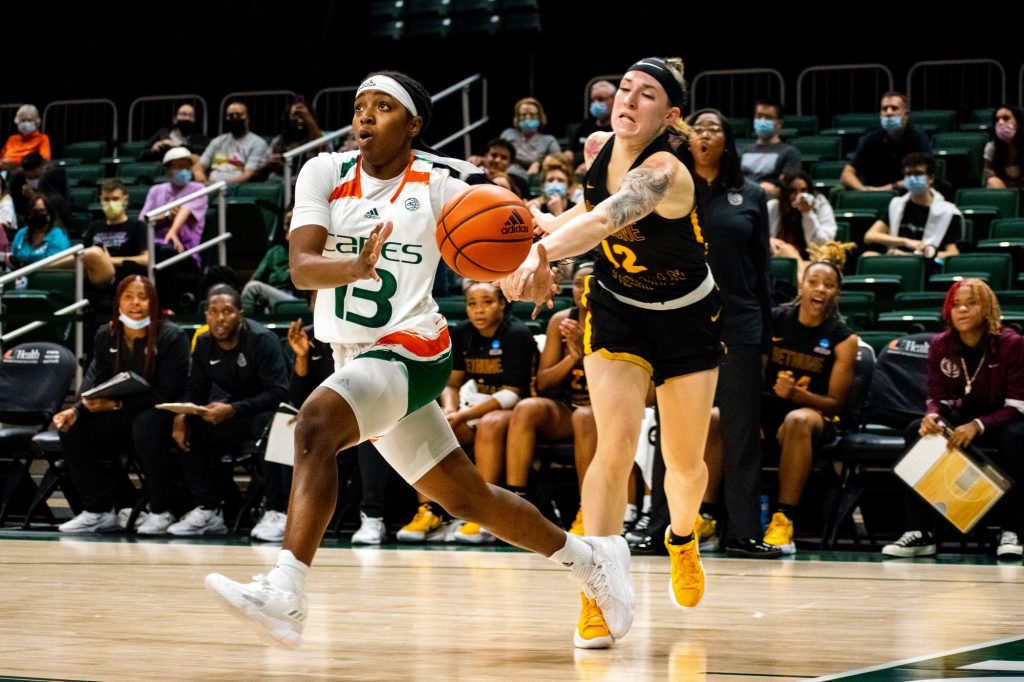 Freshman guard Lashae Dwyer drives to the basket against Bethune Cookman on Nov. 14 at the Watsco Center.