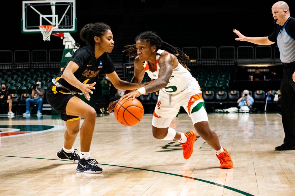 Mykea Gray drives to the basket against Bethune Cookman on Nov. 12 at the Watsco Center.