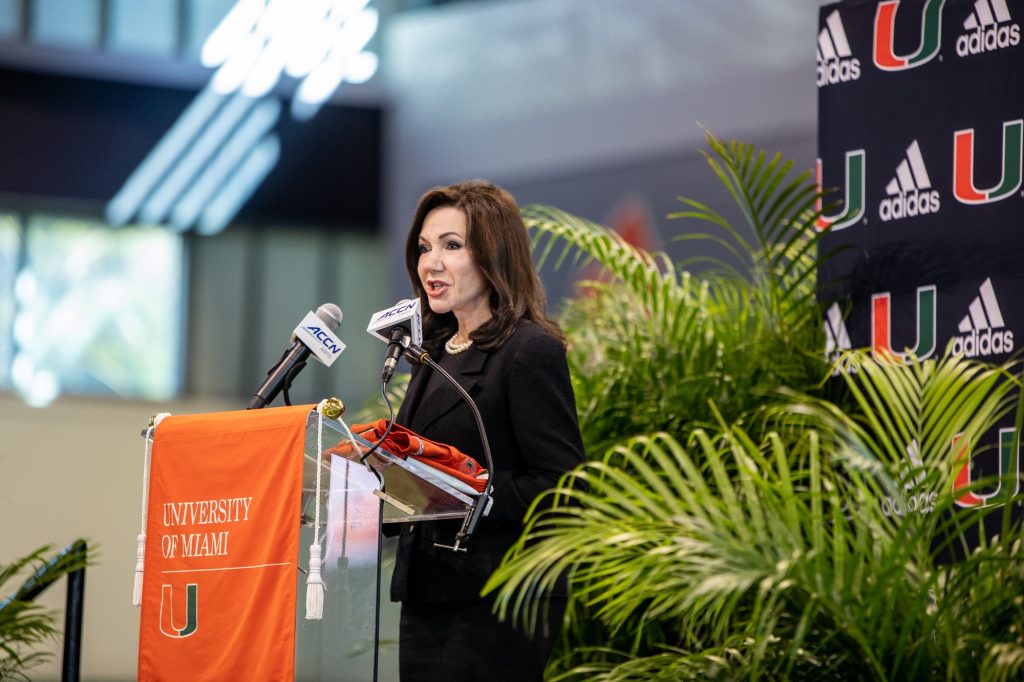 Board of Trustees Chair Laurie Silver speaks the members of the media and the audience during the introductory press conference of head coach Mario Cristobal at the Carol Soffer Indoor Practice Facility on Tuesday, Dec. 7.