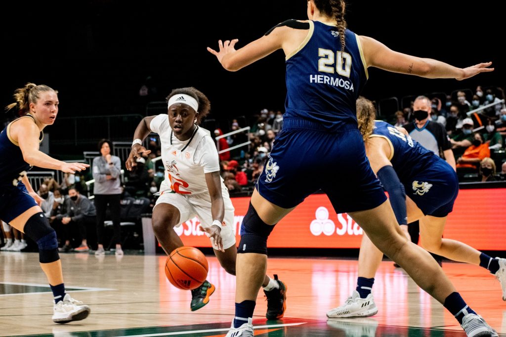 Freshman Ja’Leah Williams drives towards the basket during the first half of Miami’s win over Georgia Tech on Sunday, Jan. 16 at the Watsco Center. Williams had 12 points and 6 rebounds.