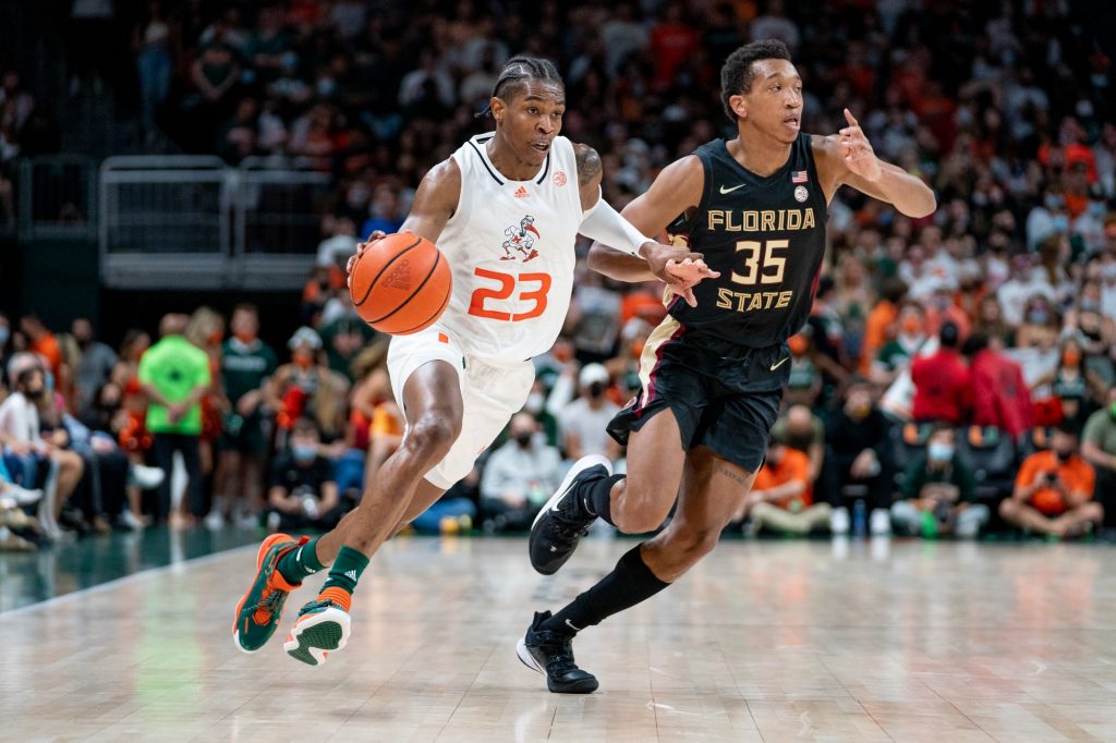 Sixth-year redshirt senior guard Kameron McGusty drives to the basket during the first half of Miami’s game versus Florida State in the Watsco Center on Jan. 22, 2022.