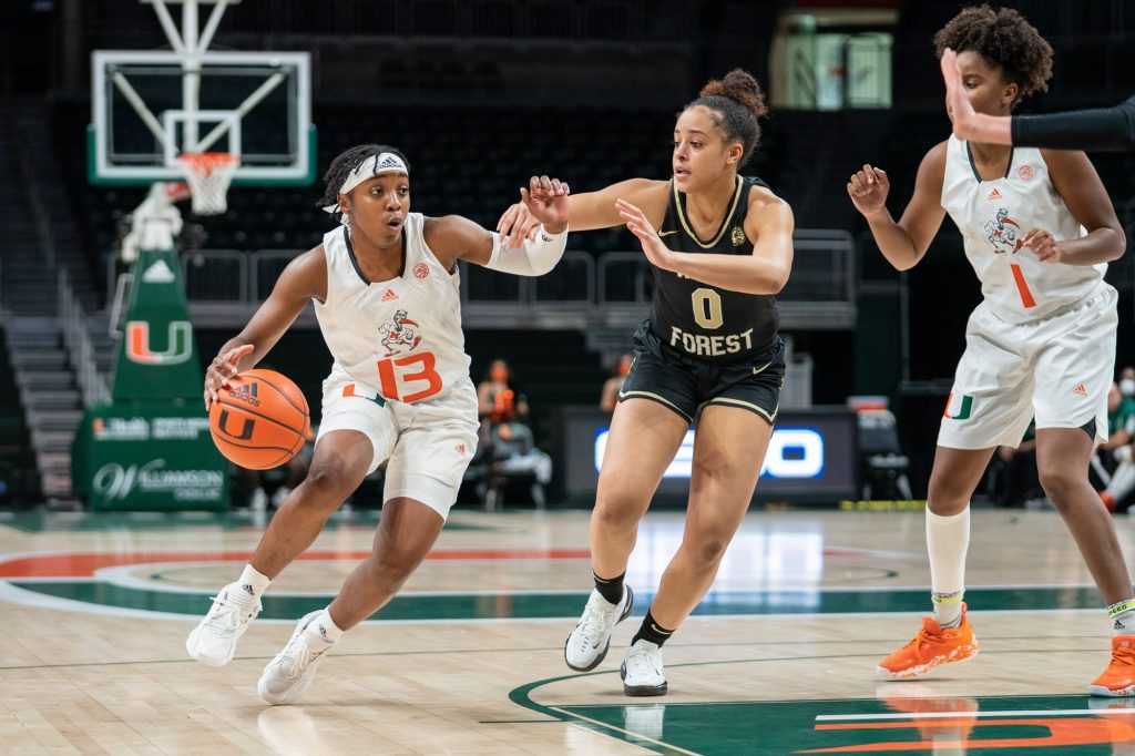Freshman guard Lashae Dwyer drives to the basket during the second quarter of Miami’s game versus Wake Forest in the Watsco Center on Jan. 6, 2022.