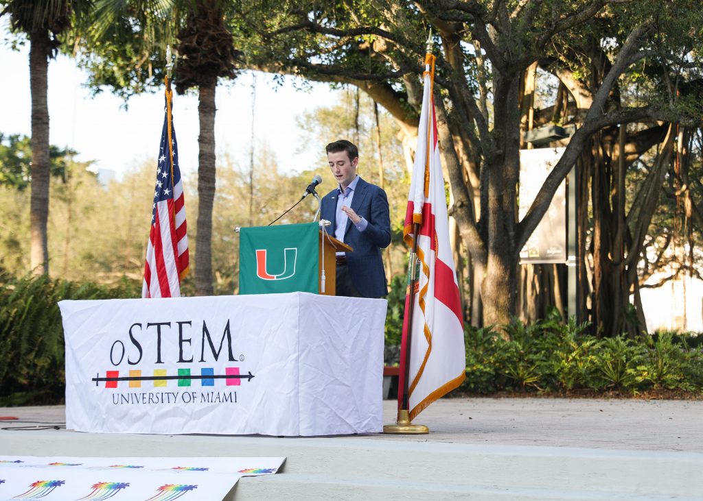 Senior and president of oSTEM Joe Recker speaks at a rally at the Rock on Feb. 10, 2022.