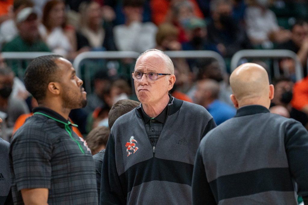 Head coach Jim Larrañaga prepares to talk to his players during a timeout in the second half of Miami’s game versus Notre Dame in The Watsco Center on Feb. 2, 2022.