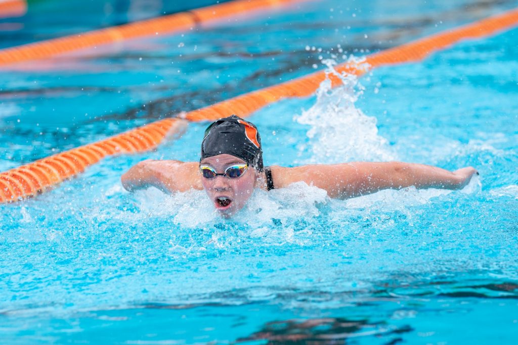 Junior Aino Otava competes in the 200 yard butterfly to start the Miami First Chance Invite at the Norman Whitten Pool on Feb. 11, 2022. Otava finished with a time of 1:57.24, setting a new school record.