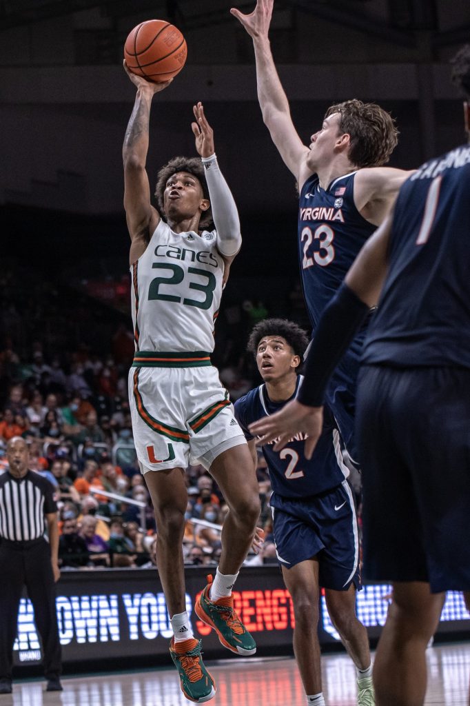Sixth-year redshirt senior Kameron McGusty attempts a shot during the second half of Miami's loss against Virginia on Saturday, Feb. 19 at the Watsco Center. McGusty led Miami with 20 points while adding three rebounds and four assists.