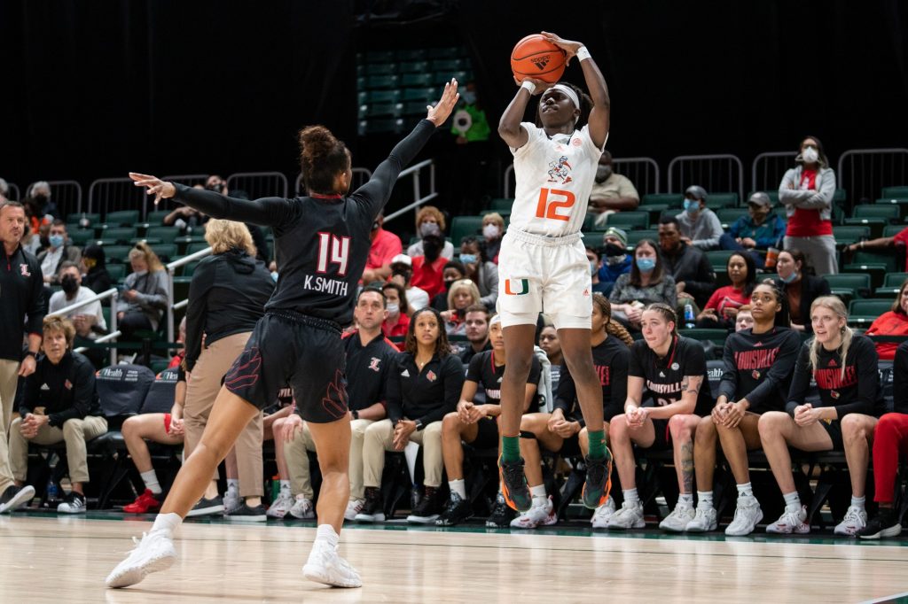 Freshman guard Ja’Leah Williams shoots a jump-shot during the second quarter of Miami’s game versus Louisville in The Watsco Center on Feb. 1, 2022.