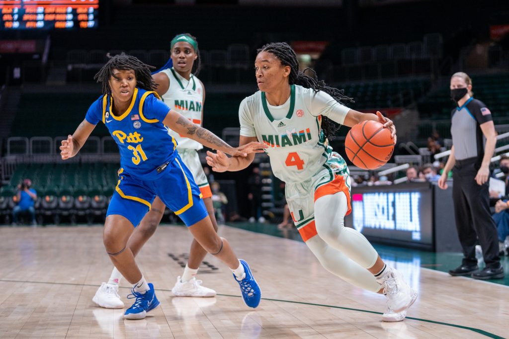 Freshman guard Jasmyne Roberts drives to the basket during the third quarter of Miami’s game versus Pittsburgh in The Watsco Center on Feb. 17, 2022. Roberts finished with a career-high 10 points.