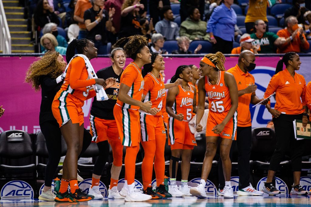 March 4, 2022: Miami (7) takes on Louisville (2) in the 2022 ACC Women's Basketball Tournament at Greensboro Coliseum  in Greensboro, NC. (Scott Kinser/ACC)
