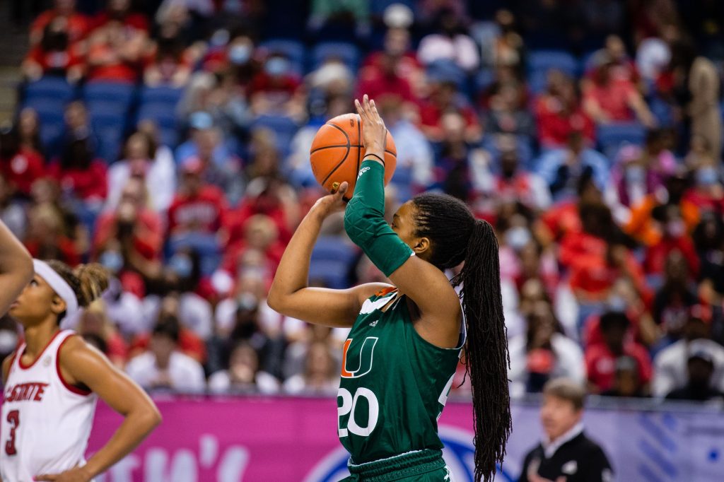 Graduate guard Kelsey Marshall attempts a 3-point field goal in Miami's 60-47 loss to No. 3 NC State in the ACC Tournament championship game on Sunday, March 6, 2022 at the Greensboro Coliseum in Greensboro, North Carolina. Marshall scored a season-high 24 points.