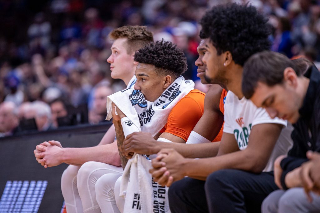 Fourth-year junior Jordan Miller looks on in the closing moments of Miami's Elite Eight loss to Kansas at the United Center in Chicago on Sunday, March 27, 2022.