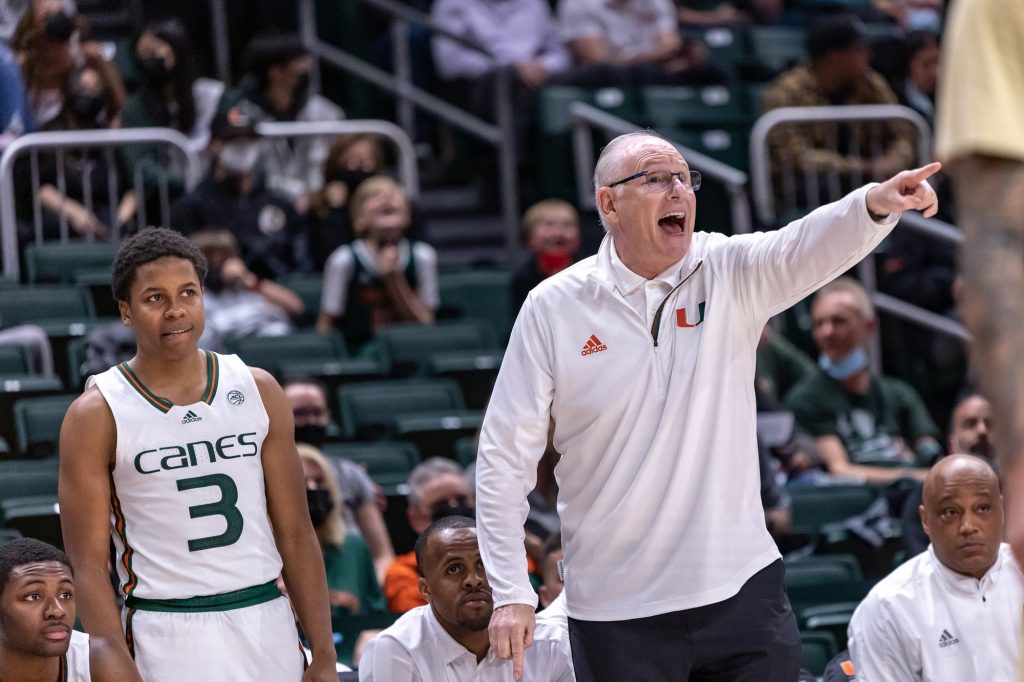Head Coach Jim Larrañaga yells out a play to the team in Miami's win over Georgia Tech on Wednesday, Feb. 9, 2022 at the Watsco Center. Larrañaga got his 221st win for the Hurricanes which set the all time program record.