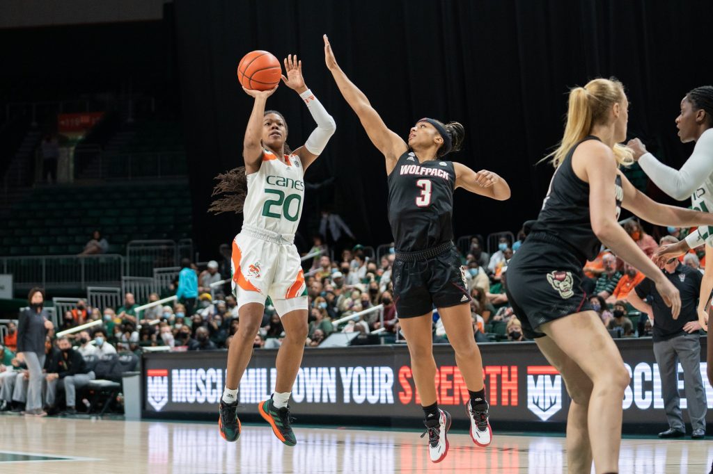 Graduate student guard Kelsey Marshall shoots a jump shot during the first quarter of Miami’s game versus NC State in the Watsco Center on Jan. 9, 2022.