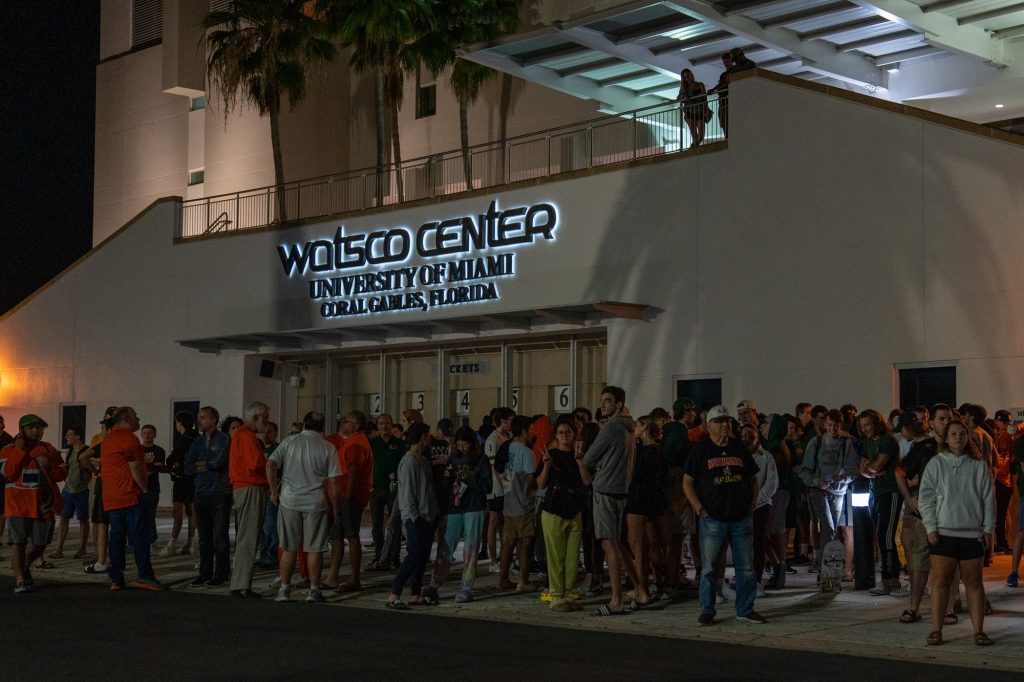 Fans wait in front of the Watsco Center for the Canes Men’s Basketball team to arrive back to campus after making it to the Elite Eight in the NCAA March Madness this year, on March 27, 2022.