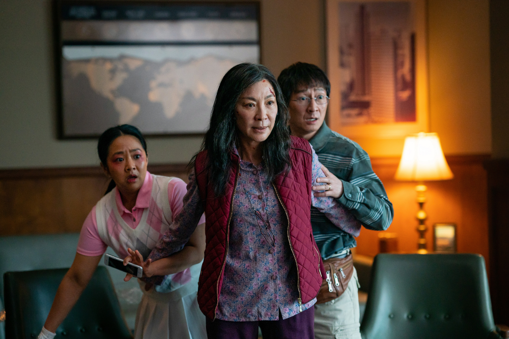 From left, Stephanie Hsu, Michelle Yeoh, and Ke Huy Quan in Everything Everywhere All at Once. A24.