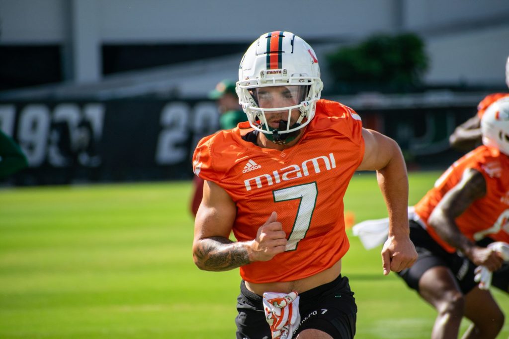 Third-year wide receiver Xavier Restrepo during the stretching portion of spring practice at Greentree Practice Fields in Coral Gables on March 9, 2022.
