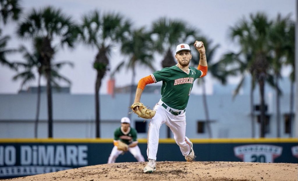 Sophomore Carson Palmquist pitches in No. 8 Miami’s 6-2 win over No. 3 Virginia on Friday, April 8, 2022 at Mark Light Field. Palmquist struck out eight batters and allowed the Cavaliers’ only two hits of the game.