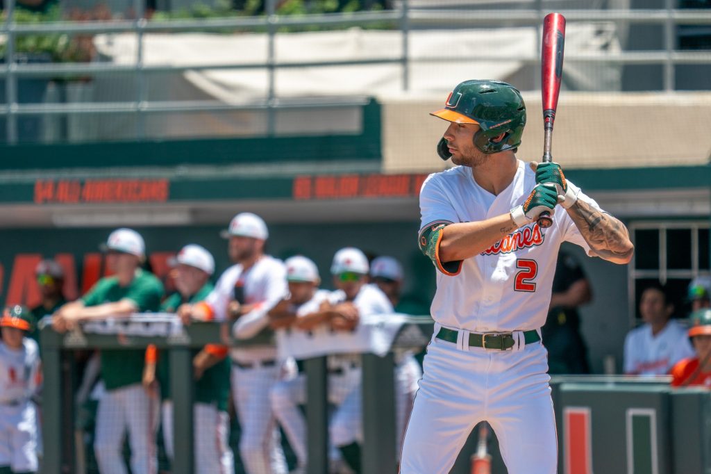 Sophomore CJ Kayfus prepares to hit in the bottom of the first inning of Miami’s game versus the University of Pittsburgh at Mark Light Field on April 24, 2022.