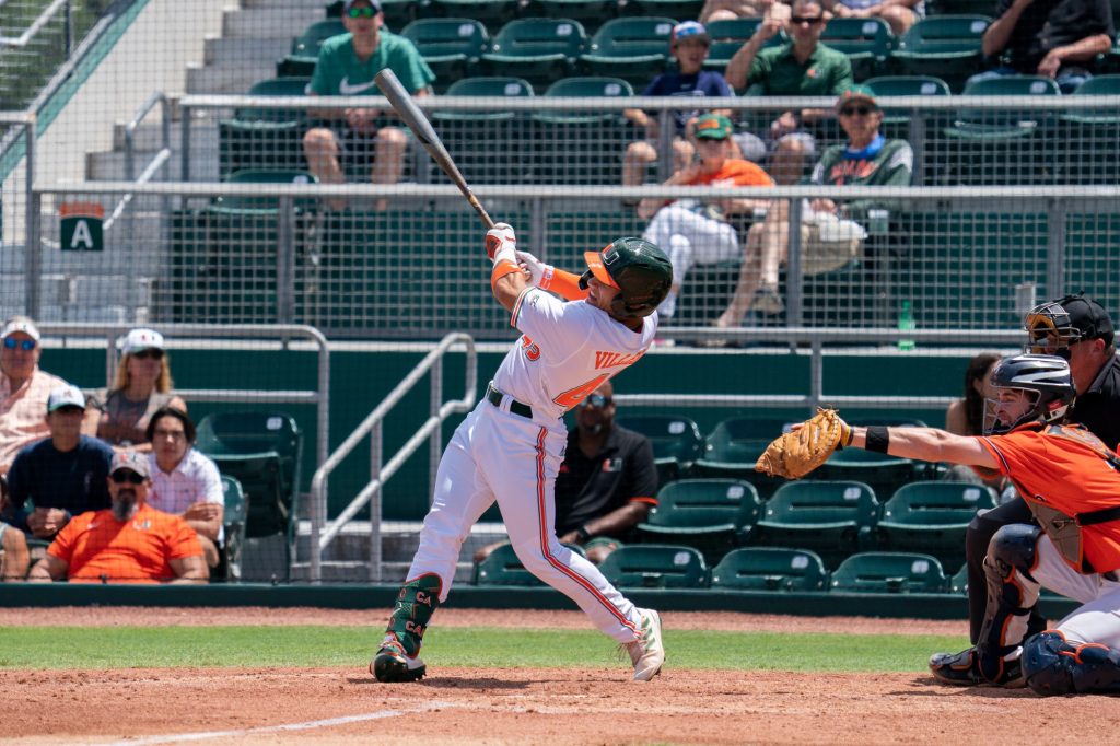 Freshman outfielder Edgardo Villegas hits a home run in the bottom of the third inning of Miami’s game versus the University of Virginia at Mark Light Field on April 10, 2022.