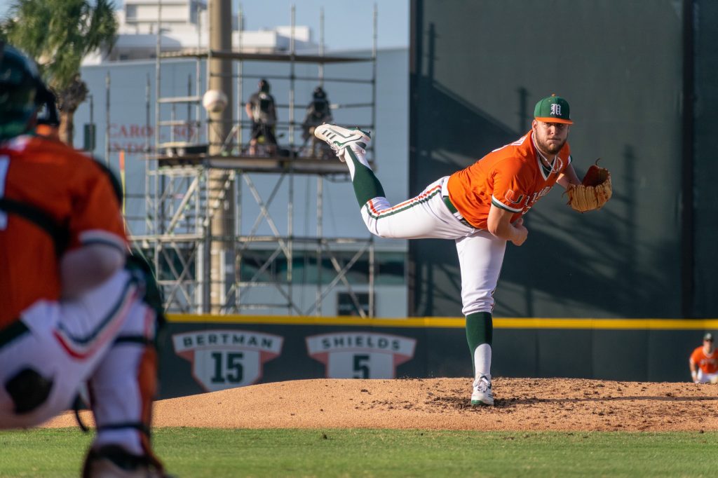 Winning sophomore right-hand pitcher Jake Garland pitches the ball during Miami's win over Bethune-Cookman on Tuesday April 19, 2022 at Mark Light Field.