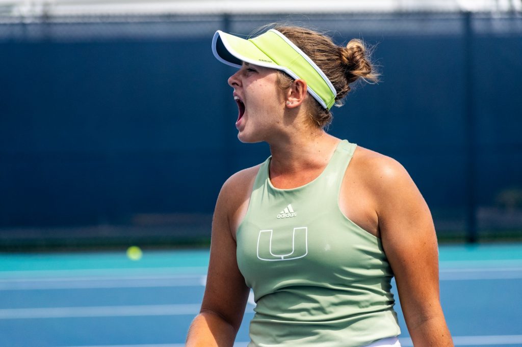 Third-year sophomore Diana Khodan celebrates a point during her win over Columbia's Michelle Xu at the Miami Open on Friday, April 1, 2022.