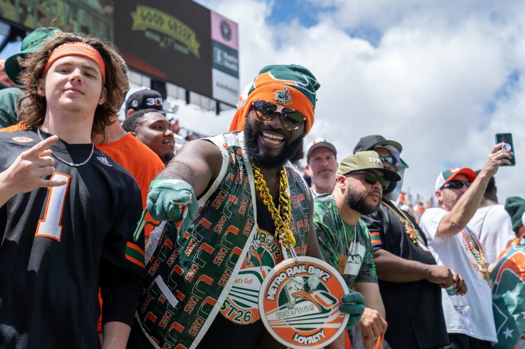 Canes fans pose for the camera during Miami's Spring Game at DRV PNK Stadium on April 16, 2022.