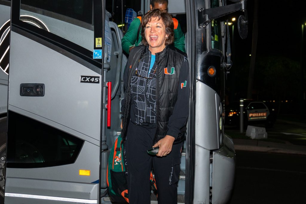 Head coach Katie Meier steps off of the bus as the Canes Women’s basketball team arrives back to campus and the Watsco Center on March 6, 2022.