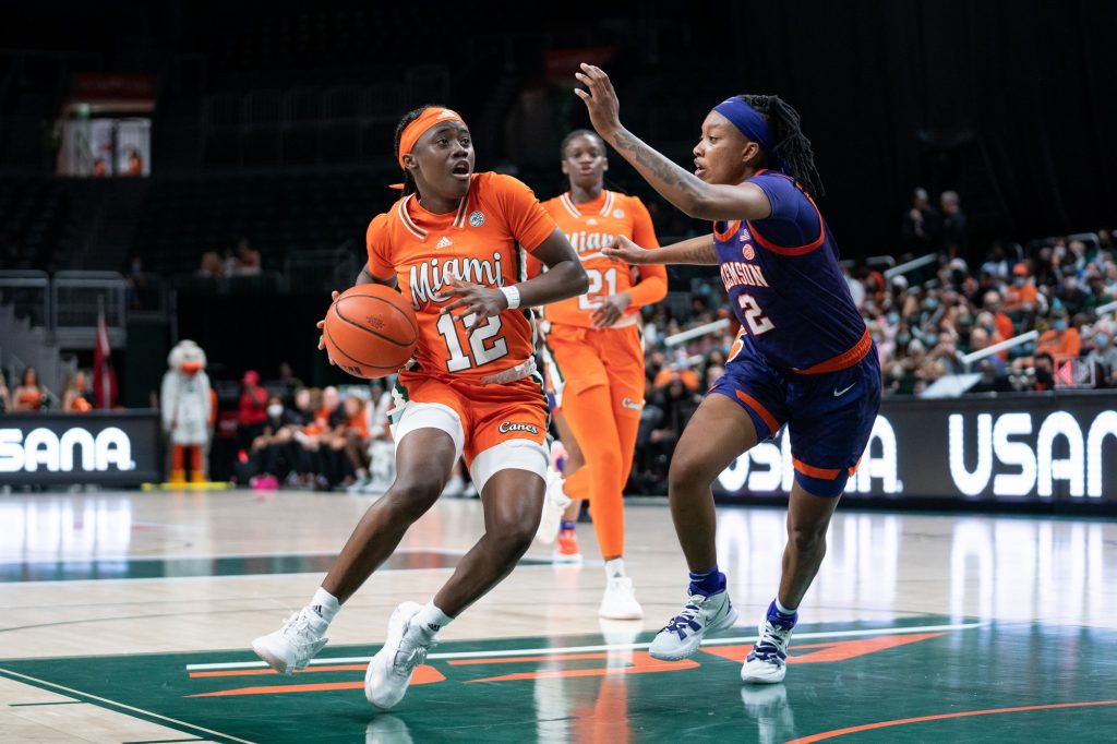 Freshman guard Ja’Leah Williams drives towards the basket during the second quarter of Miami’s game versus Clemson in The Watsco Center on Feb. 27, 2022.