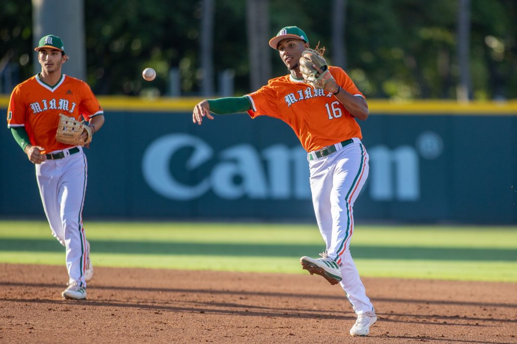 Freshman Henry Wallen throws the ball to first base during Miami's loss to Stetson on Tuesday, April 26, 2022 at Mark Light Field.