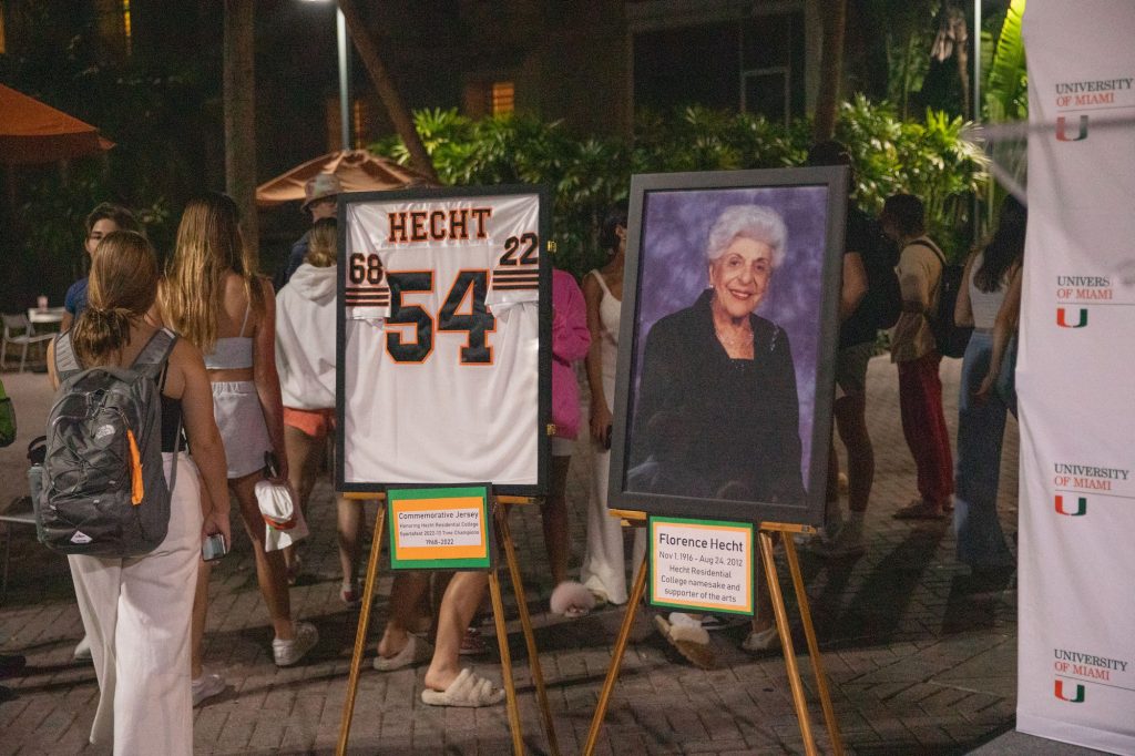 A portrait of Florence Hecht was on display during the event next to the small stage near Hecht residential college.