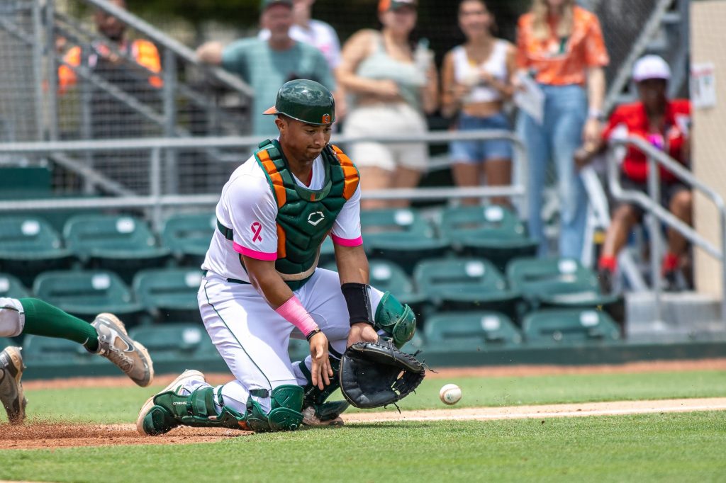Junior Maxwell Romero Jr. attempts to make a play at home plate in Miami's win over North Dakota State on Sunday, May 8, 2022 at Mark Light Field.