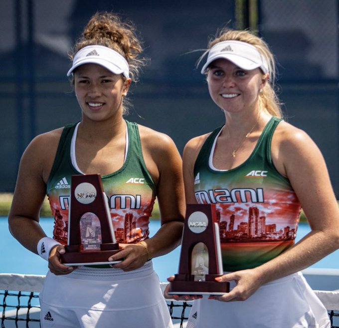 Fourth-year junior Daevenia Achong and fifth-year senior Eden Richardson hold their second place trophies after the NCAA Doubles Championship title match on May 28.