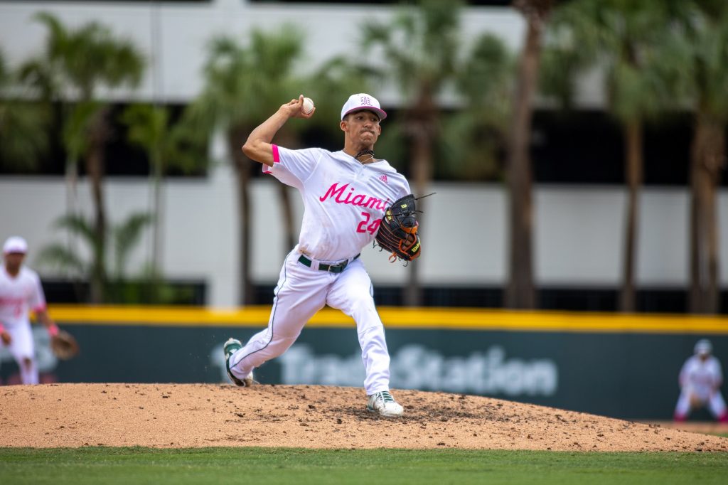 Sophomore pitcher Alejandro Rosario throws a pitch during Miami's win over North Dakota State on Sunday, May 8, 2022 at Mark Like Field. The Hurricanes swept the Bison for their seven sweep of the season.