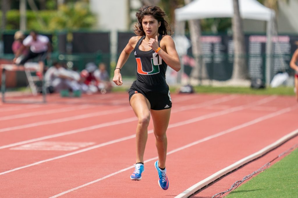 Redshirt sophomore Daphnee Lavassas competes in the Women’s 1500m at the Hurricane Alumni Invitational Meet at Cobb Stadium on April 9, 2022.