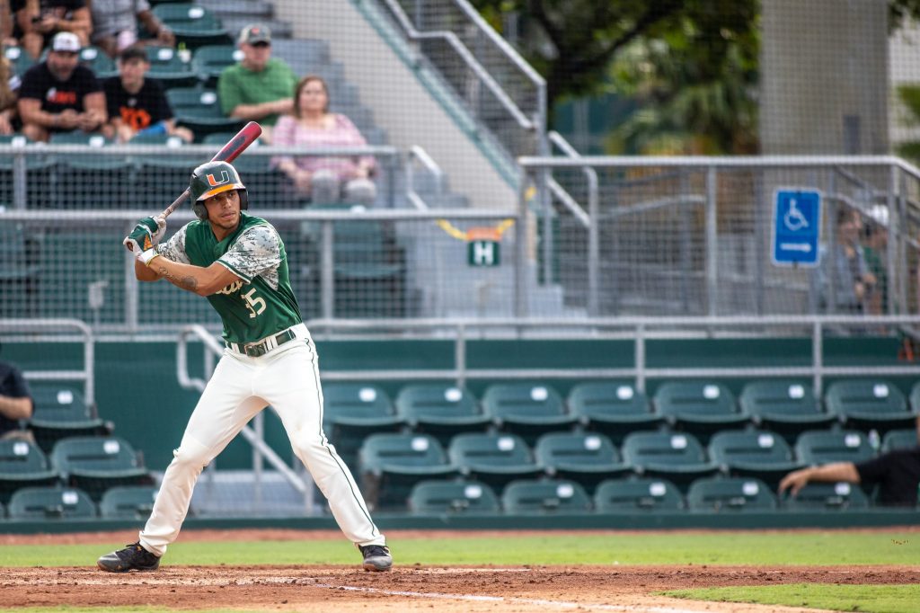 Sophomore Yohande Morales waits for a pitch during Miami's win over North Dakota State on Saturday, May 7, 2022 at Mark Light Field. Morales went 11-15 from the plate including two homeruns in Sundays win.