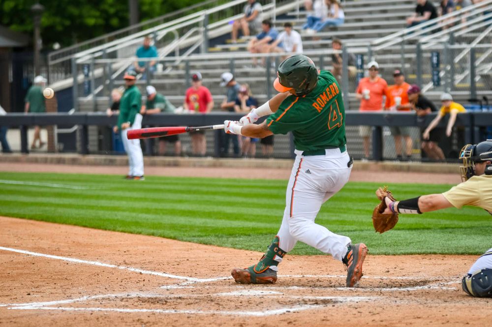 Junior catcher Maxwell Romero Jr. hits an RBI single in the first inning of No. 3 Miami's 13-2 win over Georgia Tech on Sunday, May 1, 2022 at Mac Nease Baseball Park.