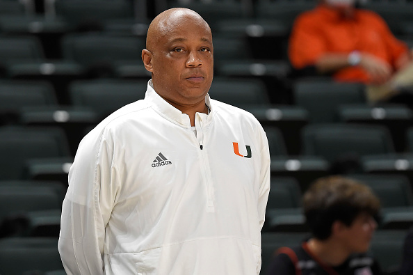 CORAL GABLES, FL - NOVEMBER 09: Miami Assistant Coach Bill Courtney watches as players warm up prior to the game as the University of Miami Hurricanes faced the Canisius College Golden Griffins on November 9, 2021, at the Watsco Center in Coral Gables, Florida. (Photo by Samuel Lewis/Icon Sportswire via Getty Images)