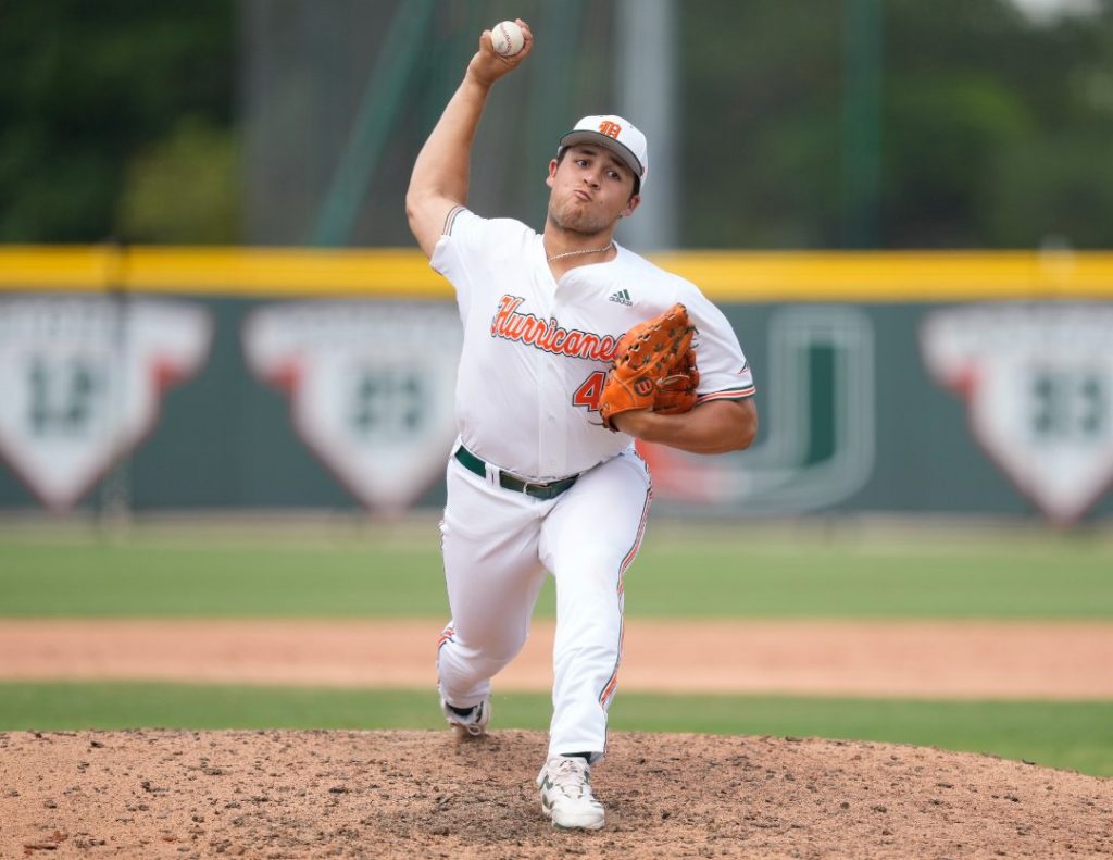 Relief pitcher Alejandro Torres pitches during Miami's x-x y against Canisius at Mark Light Field on Saturday, June 4, 2022.