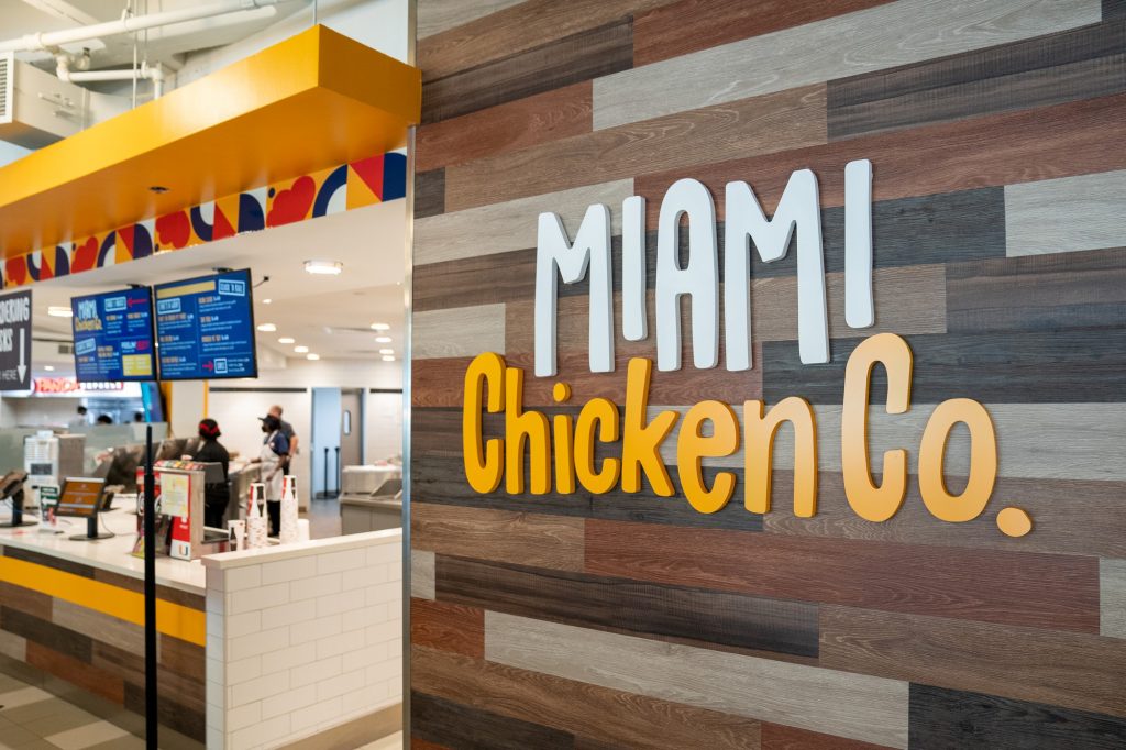 The sign for Miami ChickenCompany, one of the many options in the Hurricane Food Court on UM's Coral Gables campus.