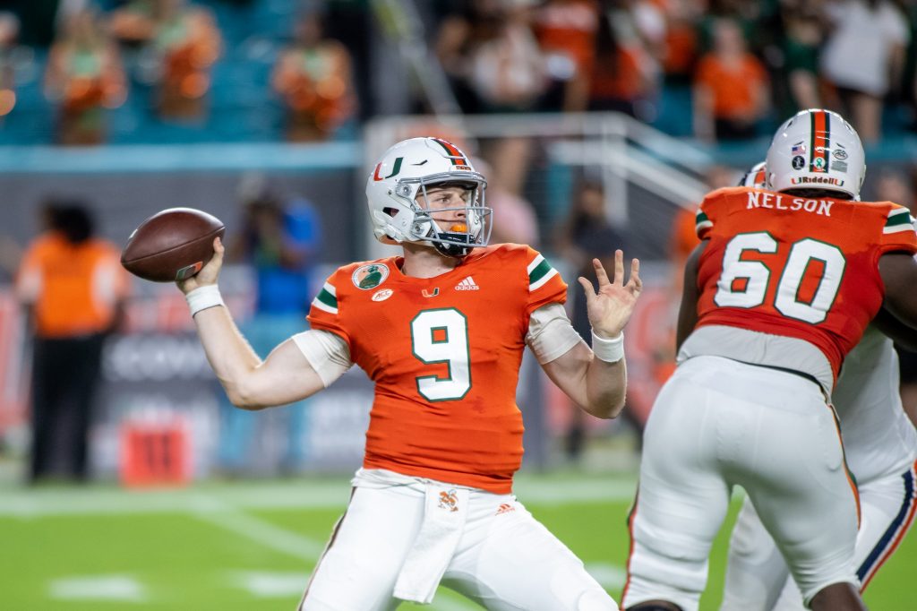 Third-year sophomore Tyler Van Dyke throws the ball during Miami’s home game against Virginia on Sept. 30, 2021 at Hard Rock Stadium in Miami Gardens.