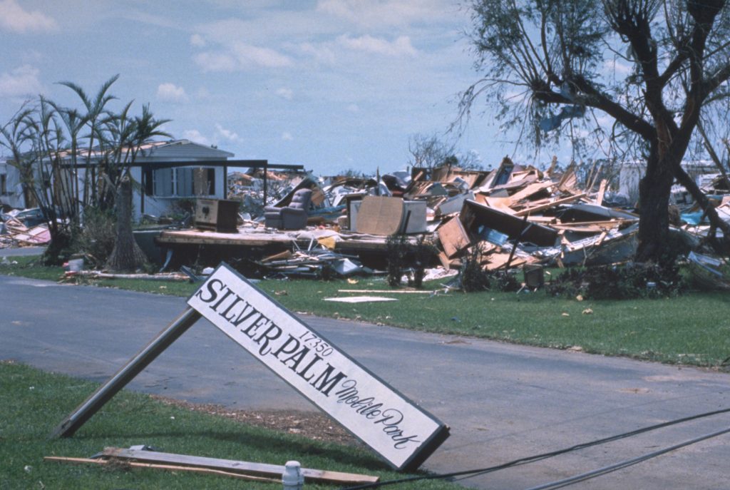 Devastation and destruction in Silver Palm Mobile Park in the aftermath of Hurricane Andrew.