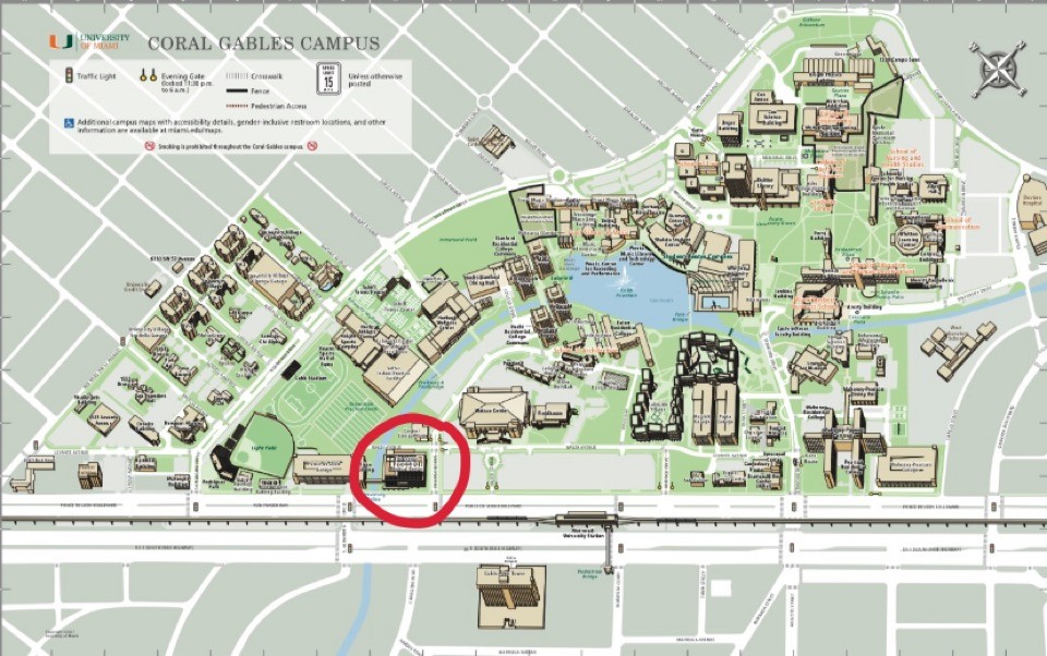 Lennar Medical Center, where the Student Health Service is located, marked on the Coral Gables campus map.