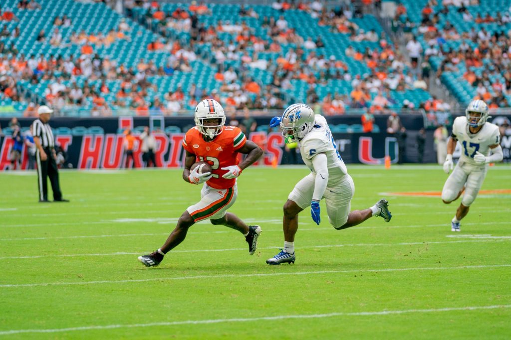 Sophomore wide receiver Brashard Smith evades a defender during the first quarter of Miami’s game versus Middle Tennessee State at Hard Rock Stadium on Sept. 24, 2022.