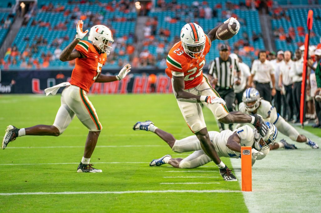 Freshman tight end Jaleel Skinner tiptoes down the sidelines into the end zone during the fourth quarter of Miami’s game versus Middle Tennessee State at Hard Rock Stadium on Sept. 24, 2022. Officials ruled him out of bounds inside the two yard line.