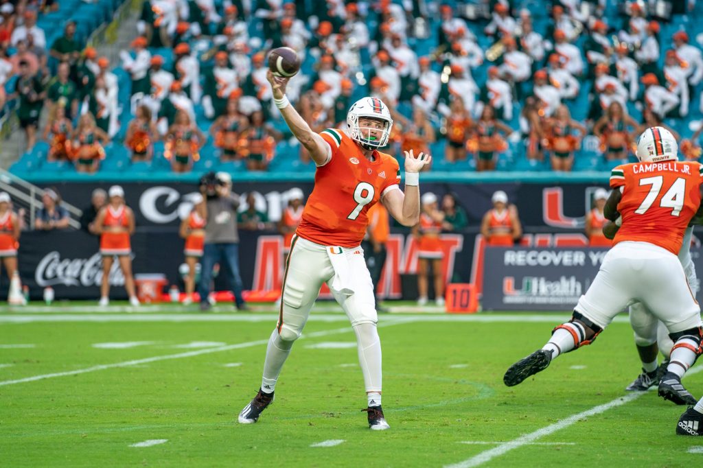 Third-year sophomore quarterback Tyler Van Dyke throws a pass that is intercepted and returned for a touchdown by redshirt sophomore defensive tackle Zaylin Wood during the first quarter of Miami’s game versus Middle Tennessee State at Hard Rock Stadium on Sept. 24, 2022.